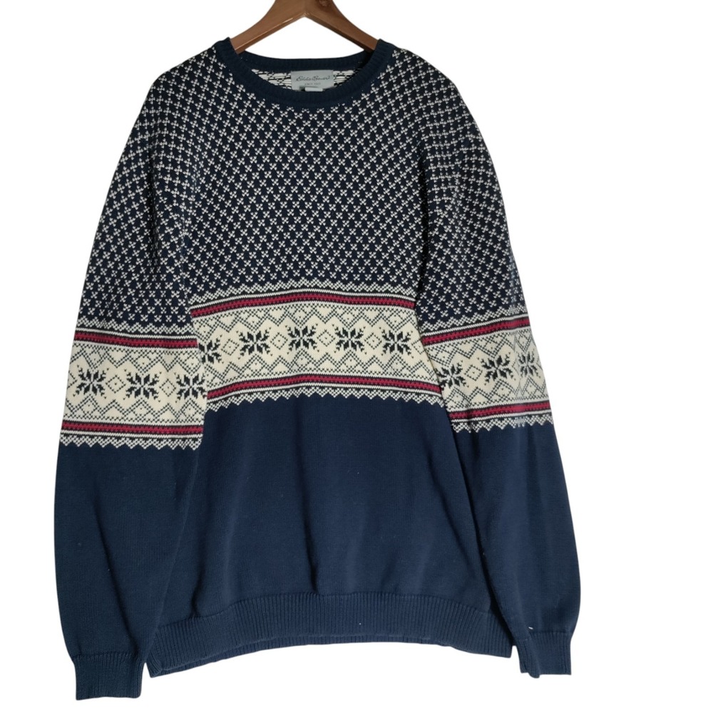 Vintage Eddie Bauer Crew Neck Fair Isle Sweater Men Sz XL Tall Blue Long Sleeve